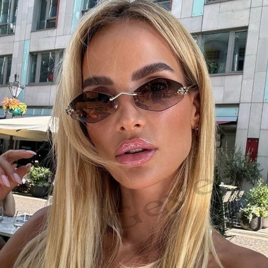 Fashion Small Polygonal Sunglasses for Women Luxury Brand Rmless Brown Rhombus Sun Glasses Woman Vintage Metal Shades Eyewear - Youks store